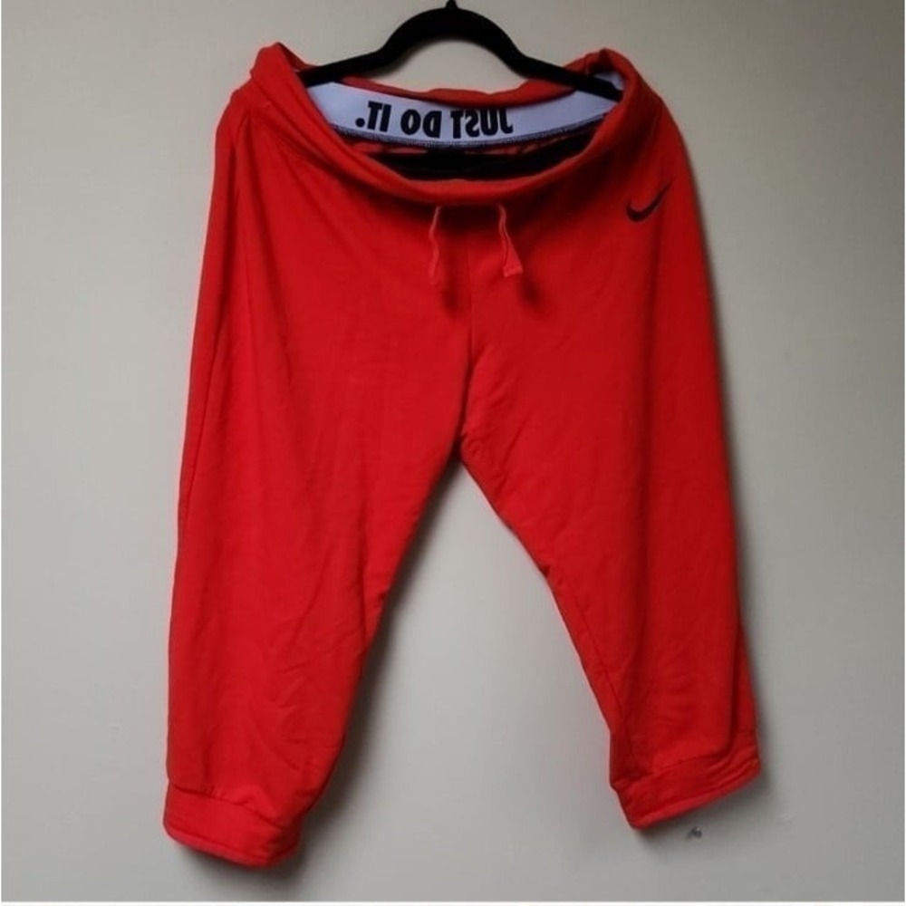 Nike Dri-FIT Red Cropped Sweatpants Just Do It Waistband Womens Large Capris